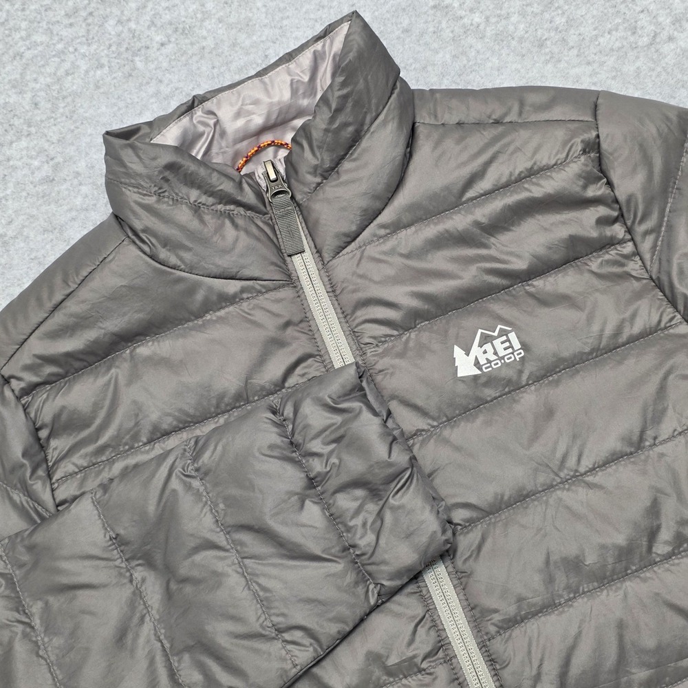 REI Co-op Kids Gray Down Puffer Jacket Size M 10-12 Full Zip Lightweight Warm